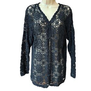 Liz Wear Black Crocheted Mid Length Cardigan Sweater S